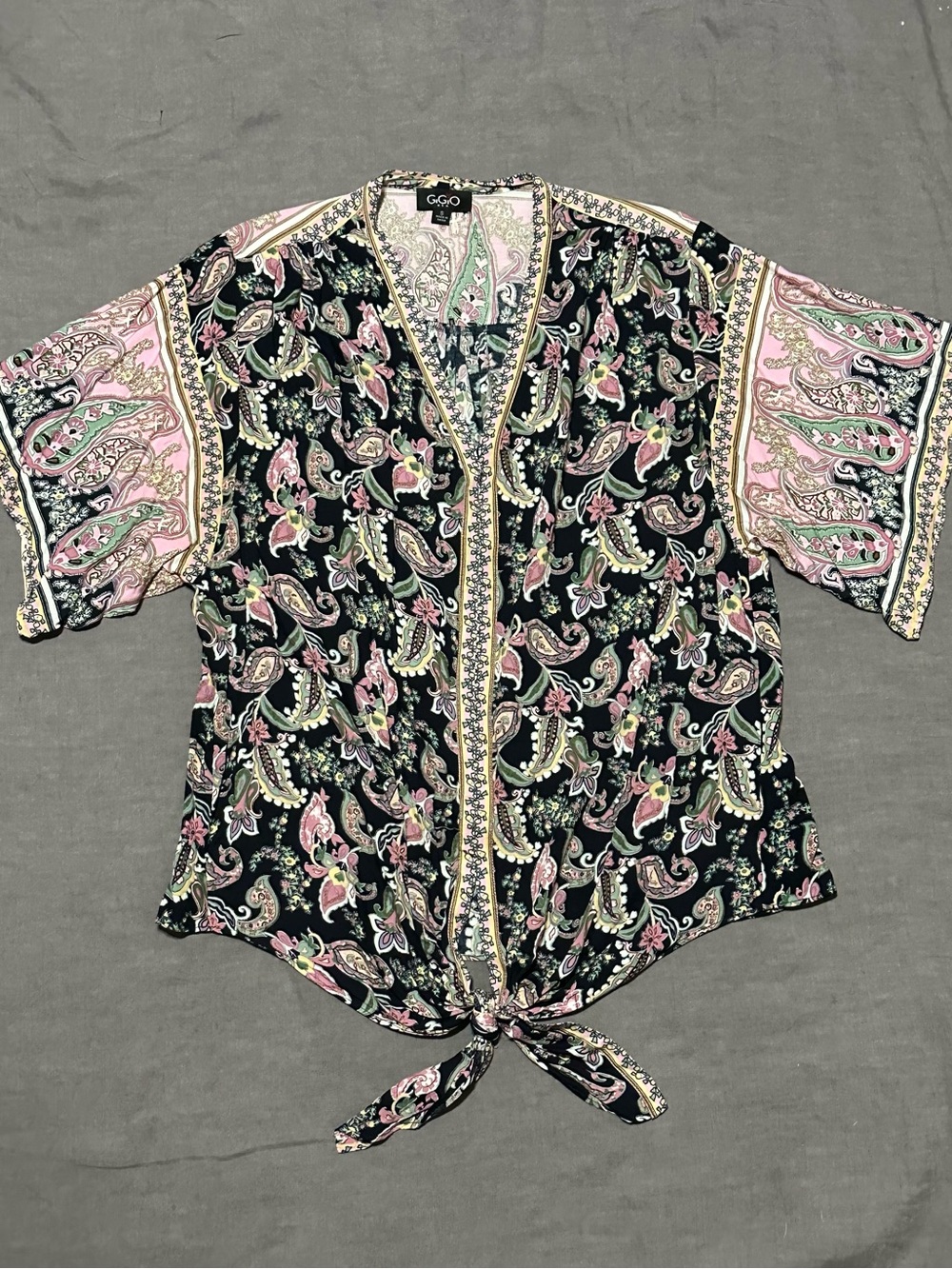 GGO Paisley Tie-Front Blouse in Black and Pink